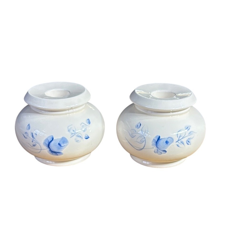 Vintage Handpainted Ceramic Candle Holder‎ Set Blue Flowers Cottagecore USA